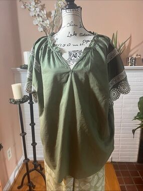 Olive Green Peasant Tunic with Lace Sleeve Detail